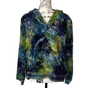 Chicos Velvet Burnout Jacket Hoodie Vintage Blue Green Fairy Boho Full-Zip Silk